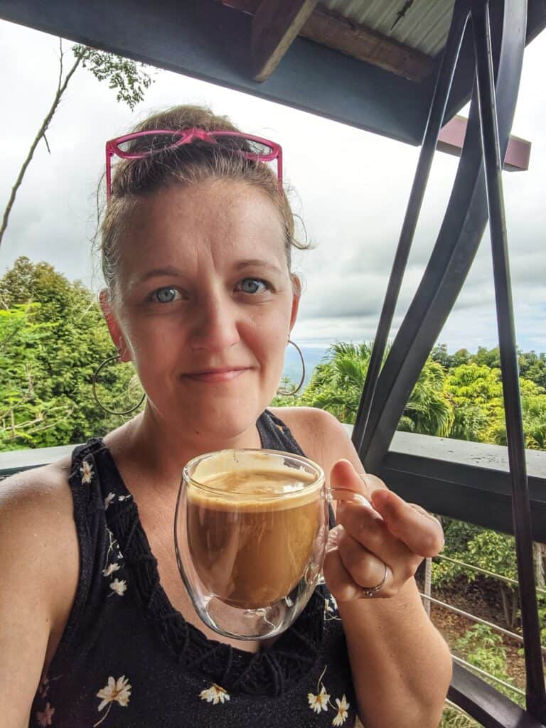 drinking a mac nut latte with kona coffee and homegrown cinnamon
