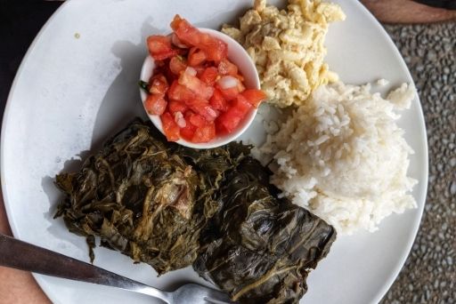 Plate of lau lua, rice, and mac salad from Kaaloa's Super J's