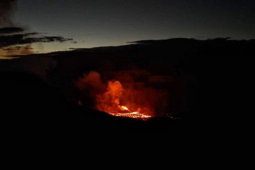 View of lava in crater at dusk from Crater Rim Road trail
