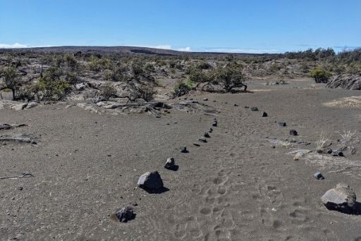 kau desert trail, or footprints trail, lined with rocks to lead the way