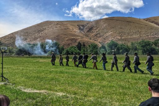 marching troops during battle at civil war reenactment yakima