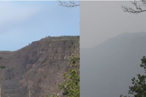 split screen showing the Difference between no vog (clear and blue sky) and vog (brown and cloudy)
