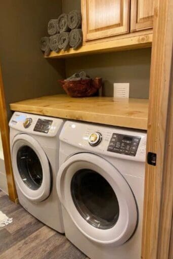 washer and dryer set up in cabin #1 of the best Cabins for Rent in Wasilla