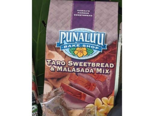Punalu'u Bake Shop Taro Sweetbread and Malasada Mix box, displaying the product with Hawaiian floral motifs and the brand logo. This is a delicious souvenir from hawaii to bring home
