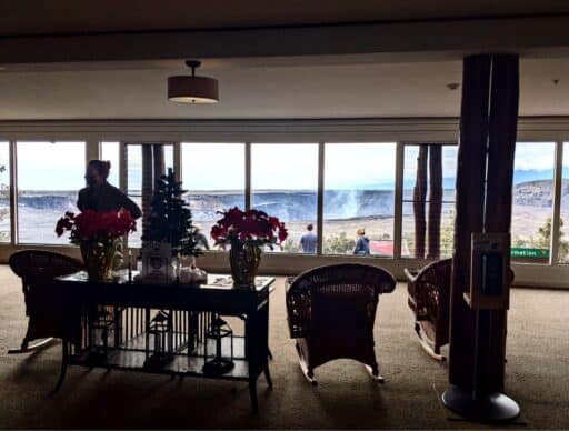 volcano house lobby has view of kilauea crater, making it one of the best places to stay on the Big Island for couples