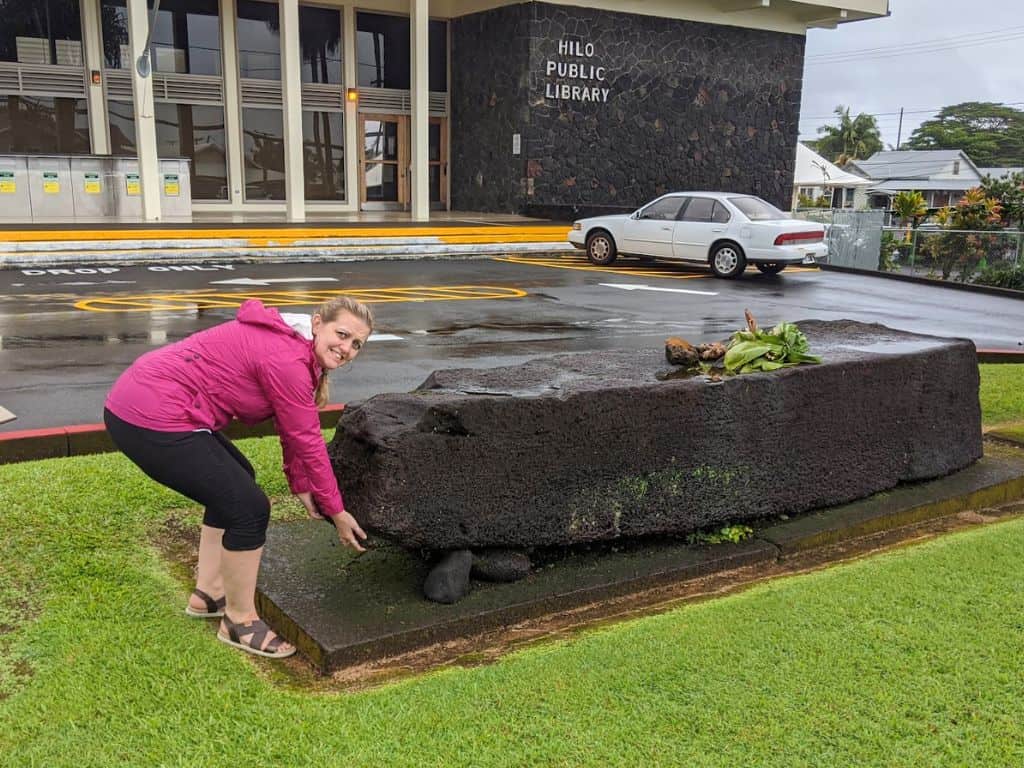 Me trying to lift the Naha Stone, a large rectangular lava stone