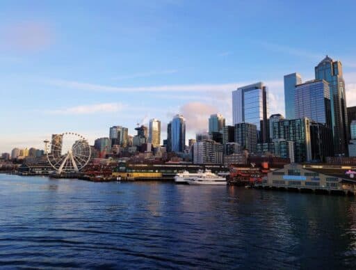seattle skyline with blue skies
