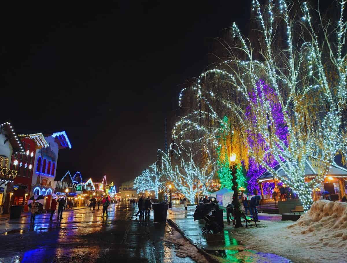 downtown Leavenworth lit up with Christmas lights at night