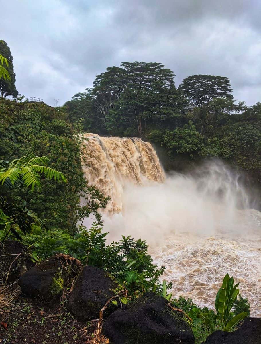 rainbow falls gushing muddy water after a heavy rainfall