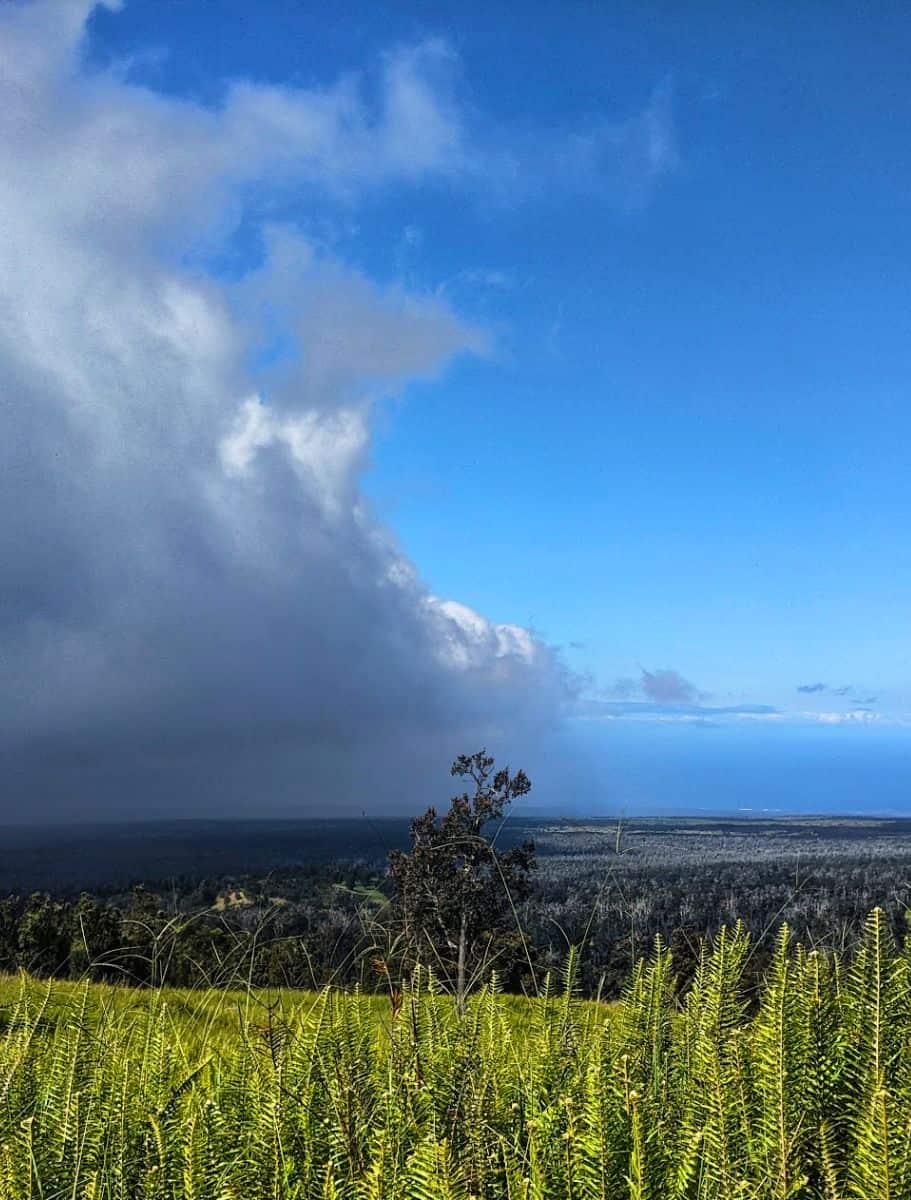 view from kahuku unit in hawaii of the stark contrast between stormy clouds and a clear blue sky