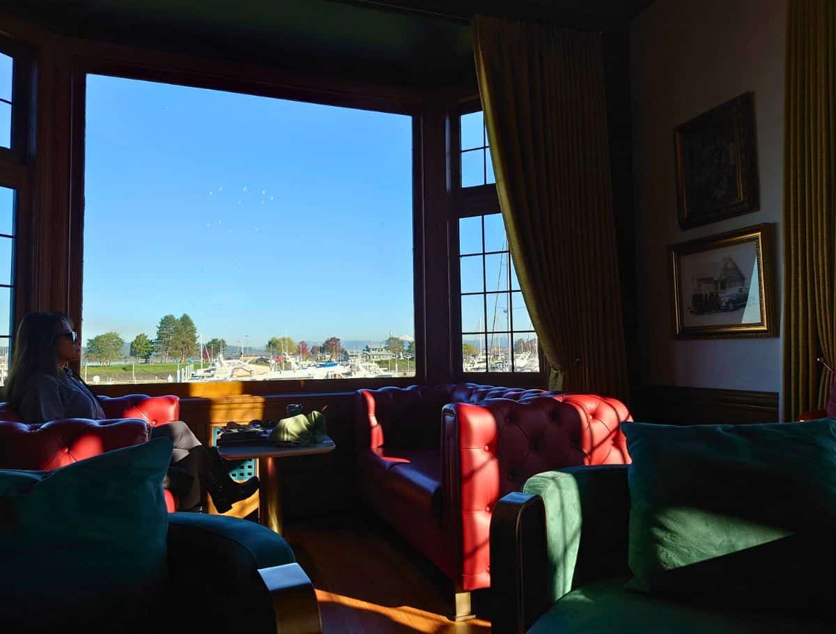 huge bay window overlooking the marina and mt baker from the muse dining room