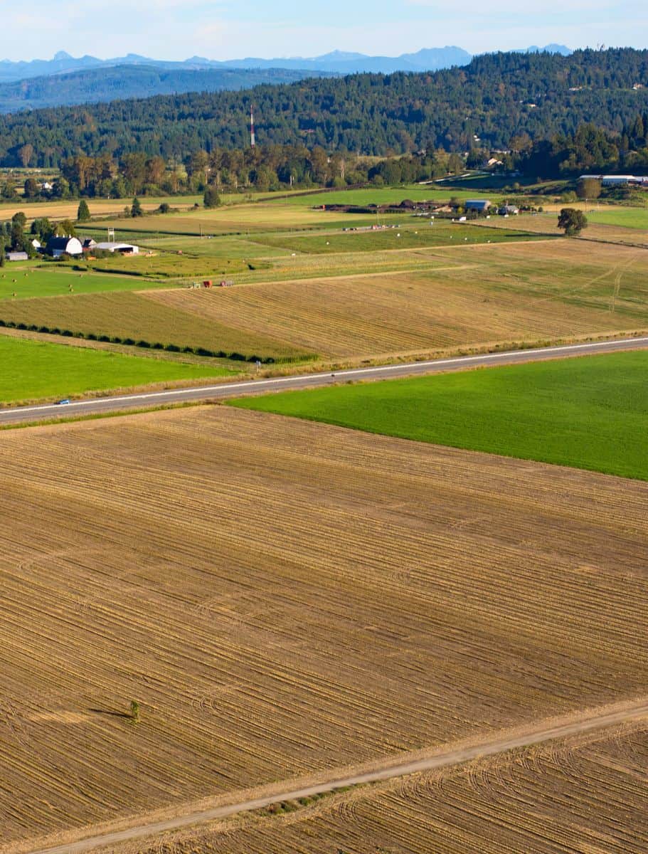 Expansive aerial view of Snohomish farmland, showcasing varying textures of agricultural fields with a backdrop of distant hills