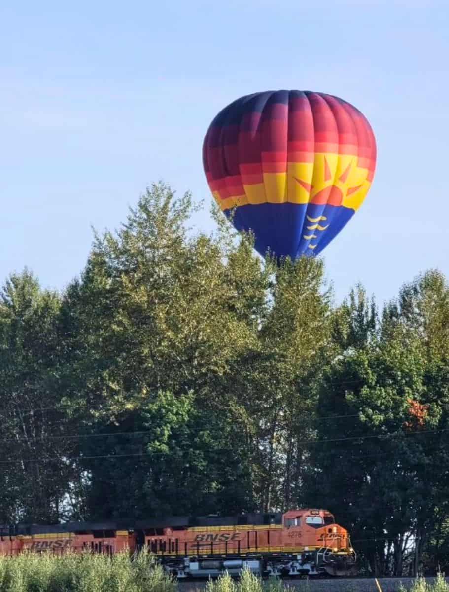 Hot air balloon from Balloon Depot floating above a moving train, with dense green foliage in the foreground.