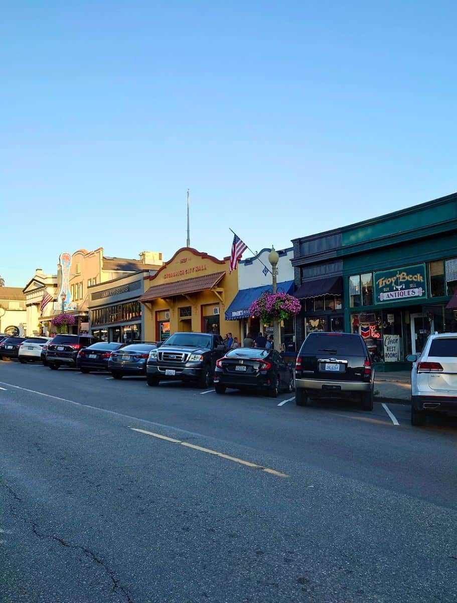 first street in downtown snohomish with cars parked diagonally towards the historic store fronts