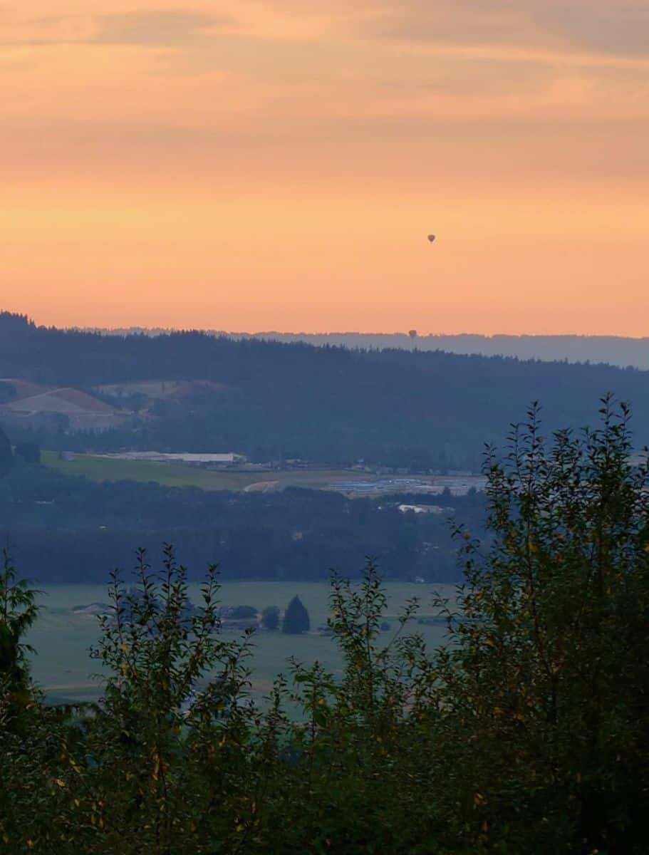 Sunset over Snohomish with a hot air balloon floating in the sky, amidst a backdrop of hazy orange hues and silhouetted trees