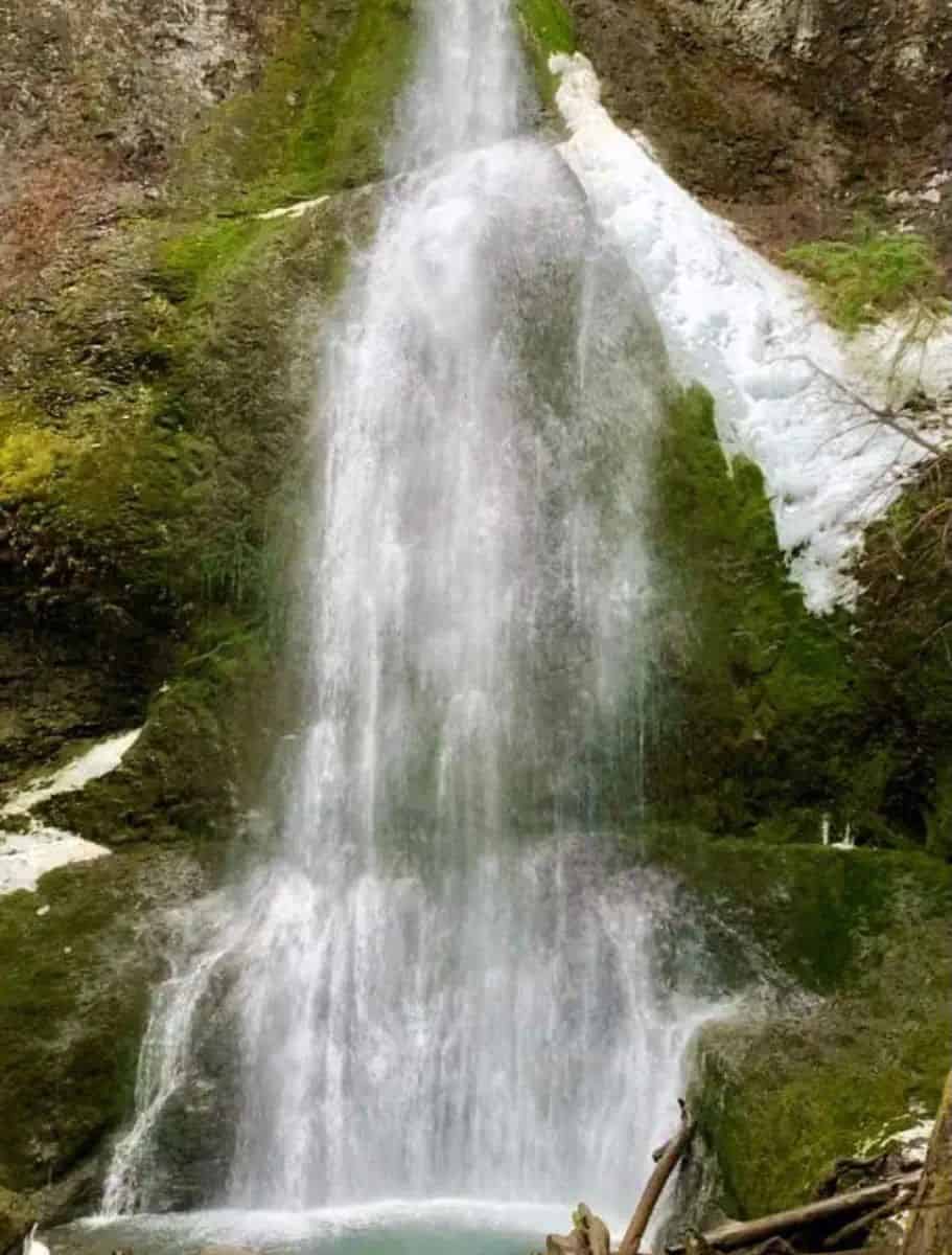 closeup of Marymere Falls falling along a mossy rocky face