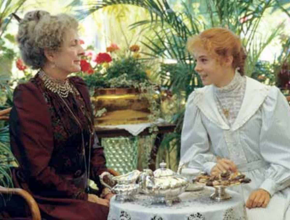 Scene from anne of green gables of Anne & Aunt Josephine in tea room with conservatory type room