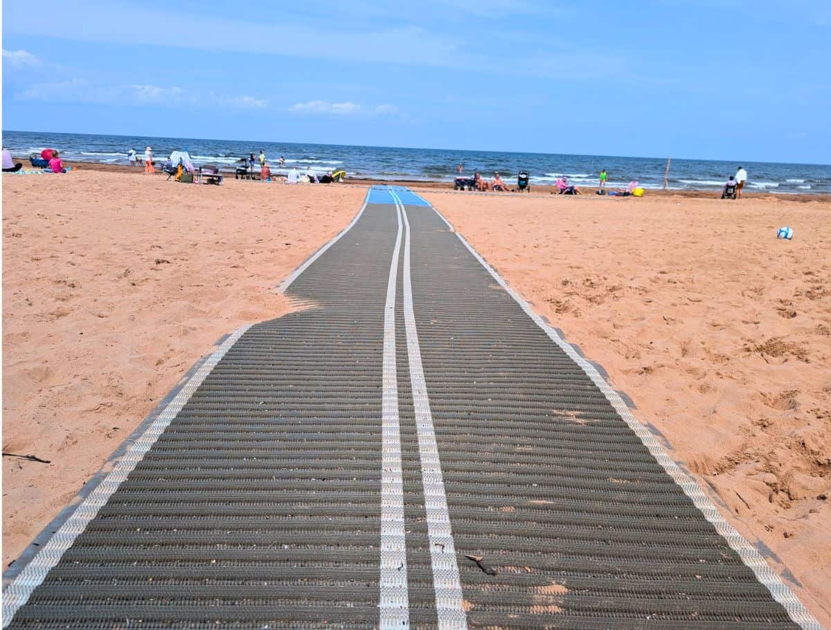 Beach handicap mats for wheelchairs over the sand towards the ocean