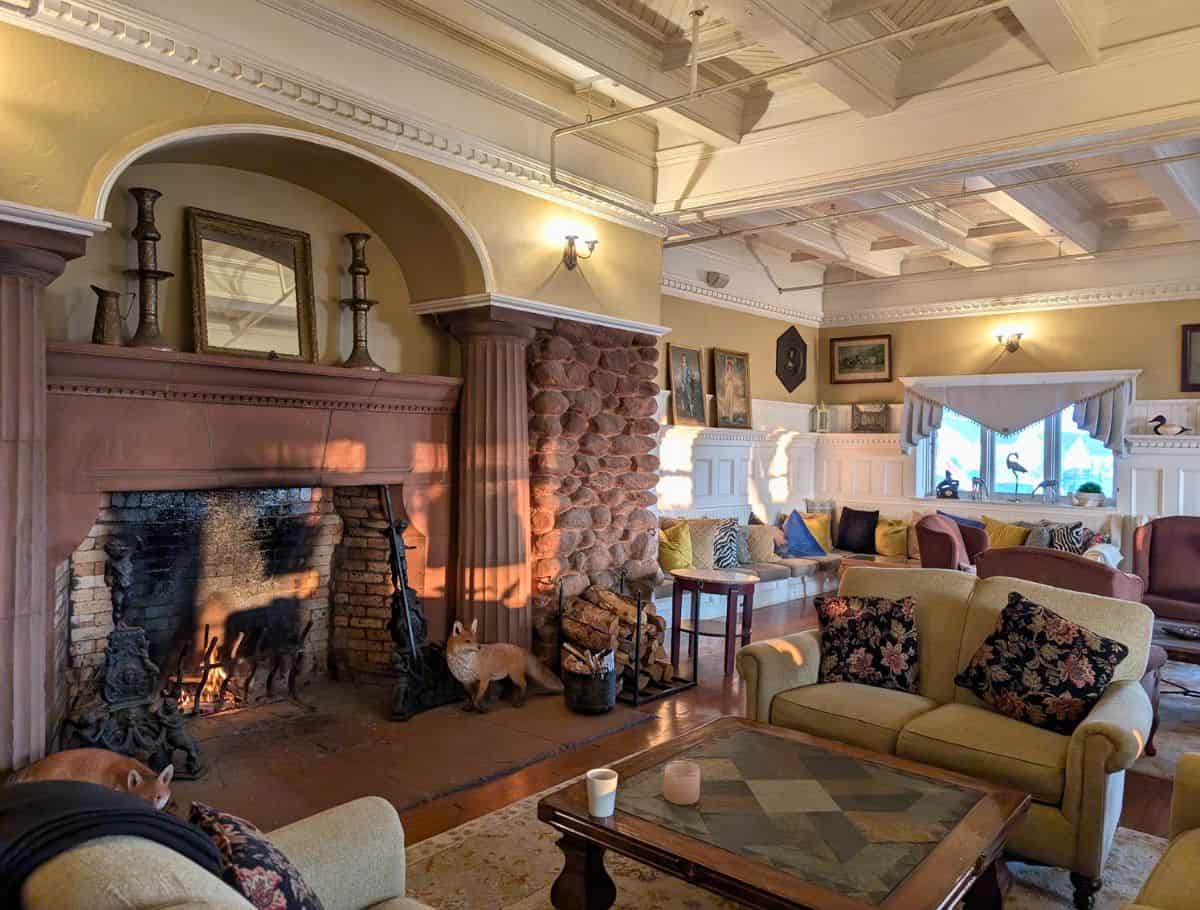 Large, cozy fireplace always lit in the library with fox statues on the sides and comfy couches around the hearth