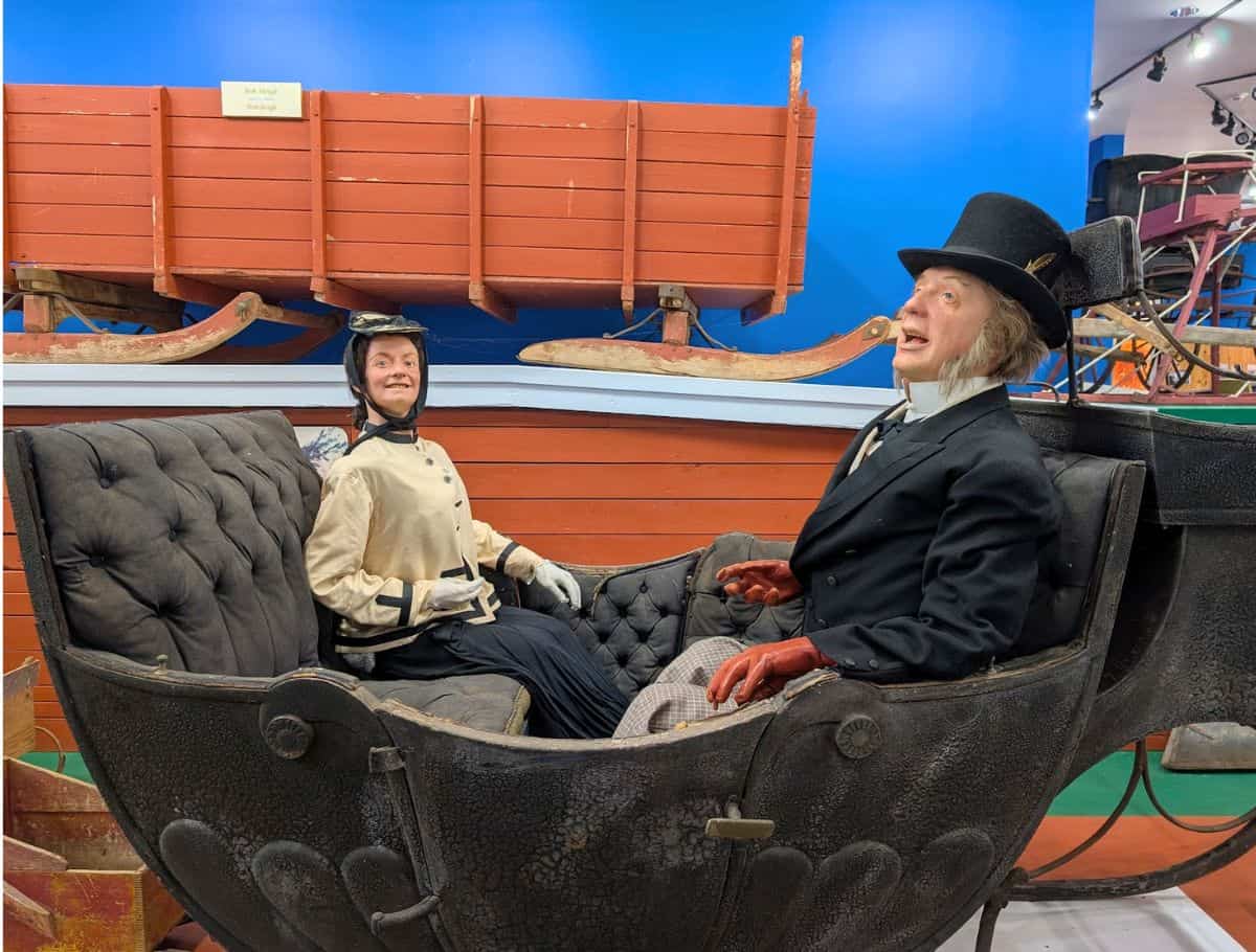 The frightening mannequins of man and woman sitting carriage that greet you at the Orwell County Historic Village museum