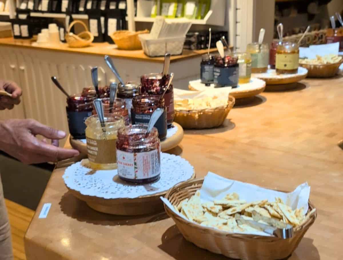 Prince Edward Island Preserve Co jams and jellies sample bar with baskets of crackers
