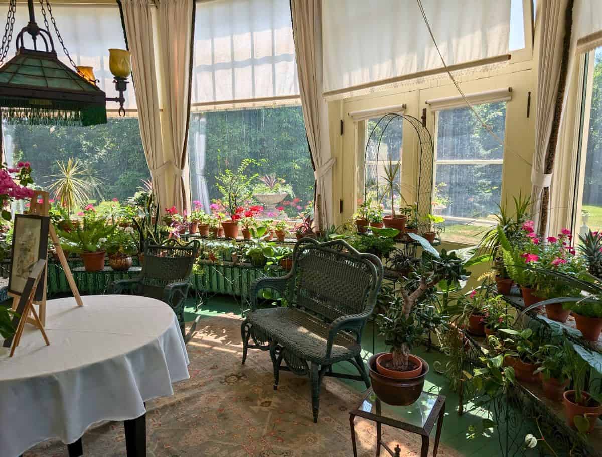 conservatory room with big windows lined with potted plants and wicker furniture