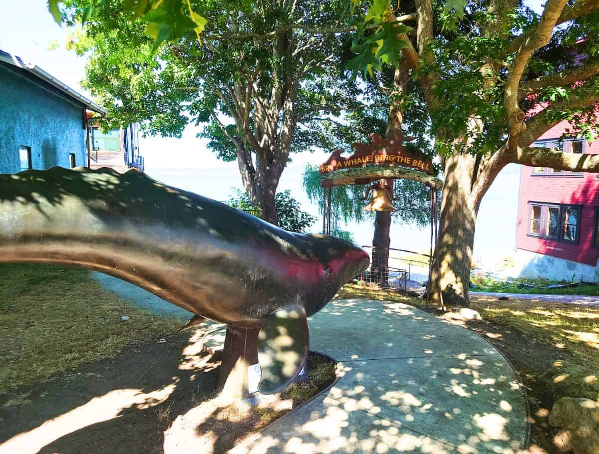 Bronze whale sculpture stands beside a path under leafy trees with a bell hanging from a wooden arch that reads "SPY A WHALE RING THE BELL." This playful waterfront spot adds a fun and memorable stop during a weekend on Whidbey Island.