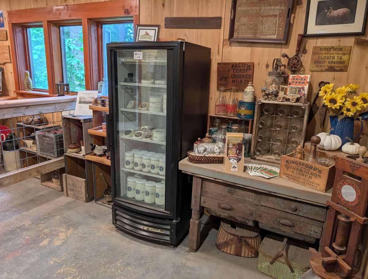 gift shop with cottage core vibes. fridge with window door showing cheeses and yogurt for sale. other sheep farm knickknacks decorating the cabin feel