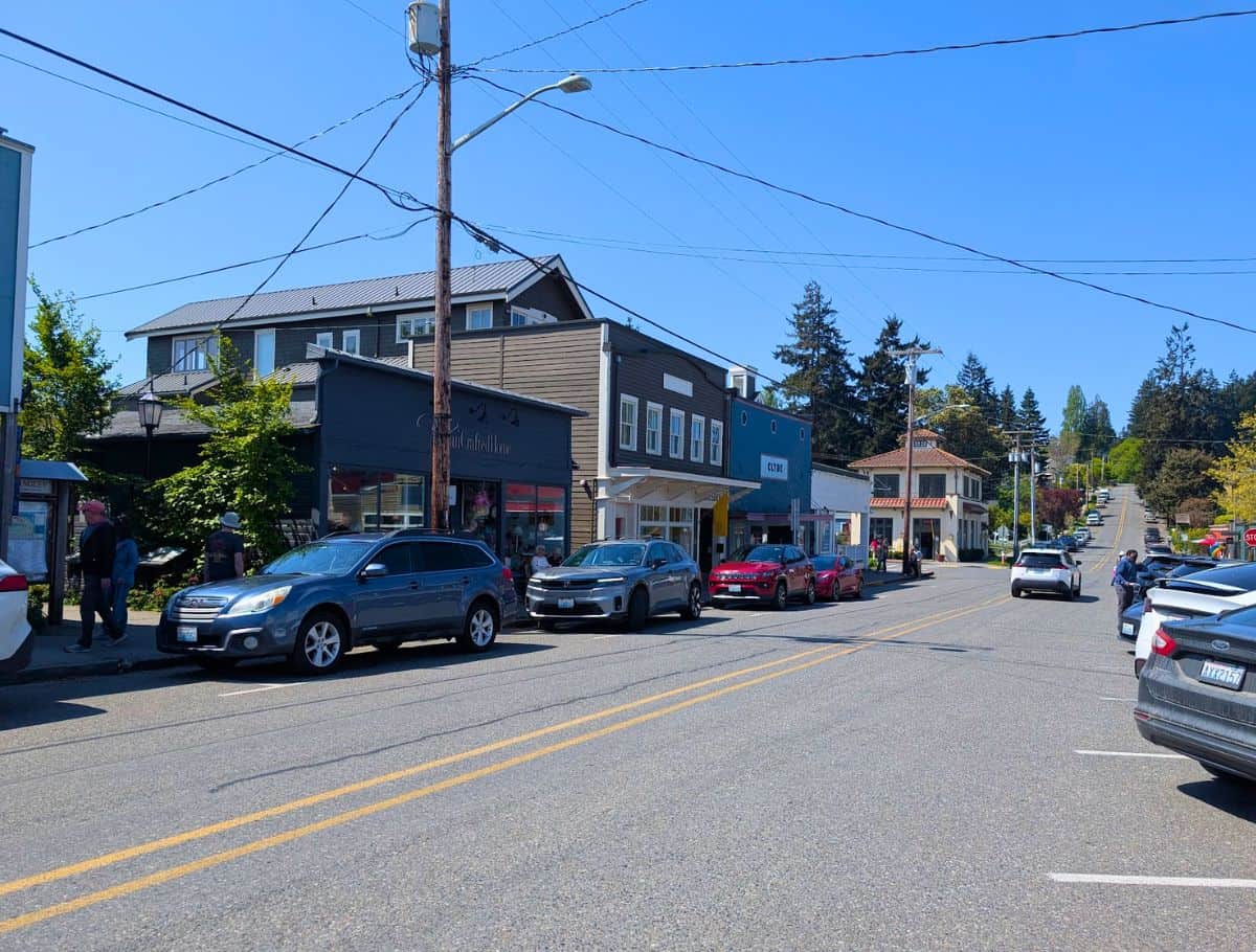 Sunny main street in Langley lined with local shops, parked cars, and small town storefronts, capturing the relaxed atmosphere and walkable charm of things to do Langley. Clear blue skies and tree lined streets create a bright and welcoming downtown scene.