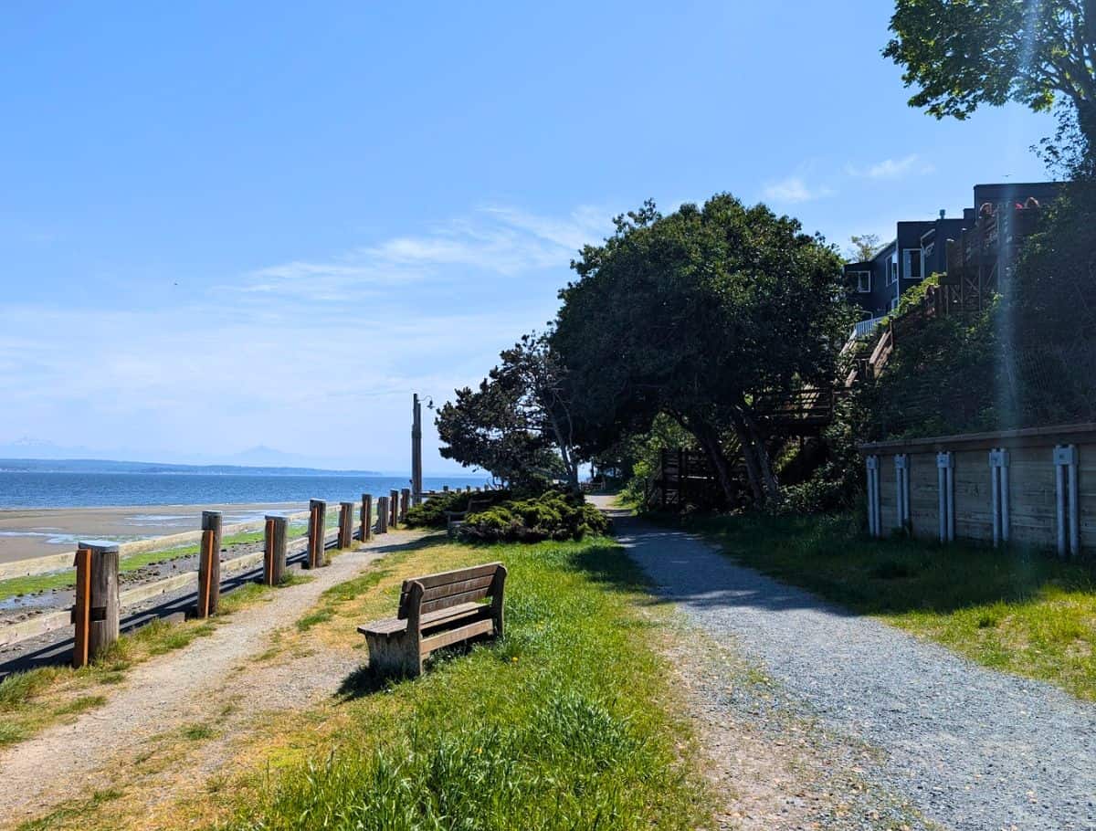 Waterfront walking path in Langley with a wooden bench overlooking the beach and calm ocean, offering a peaceful outdoor option among things to do Langley. Trees and homes line the trail while distant mountains are visible under a clear blue sky.